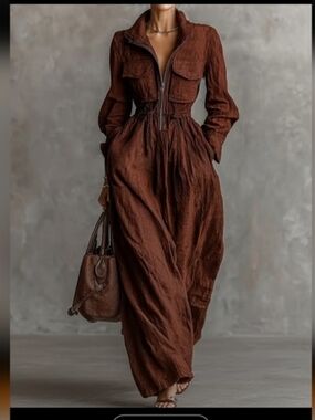 Women's  Brown Mocha Long-Sleeve Zip Front Jumpsuit Size XL NWOT